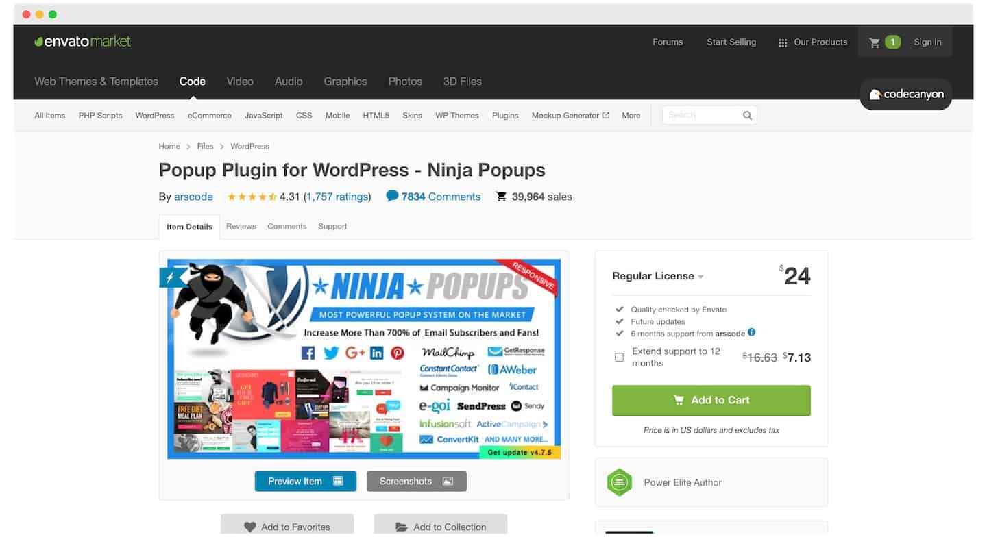 Screenshot of Ninja popup's page on codecanyon